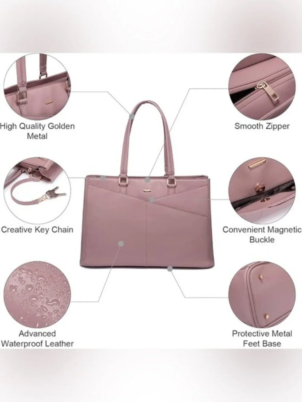 LOVEVOOK Laptop Tote Bag for Women 15.6 Inch Waterproof Leather Briefcase Mauve